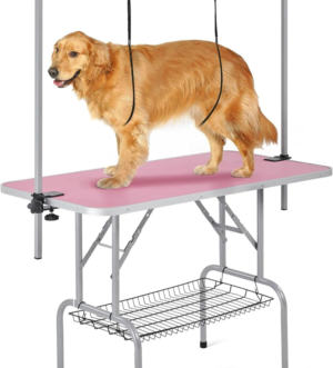 46'' Pet Grooming Table for Large Dogs Adjustable Height - Portable Trimming Table Drying Table W/Arm/Noose/Mesh Tray Maximum Capacity up to 265Lb -Pink