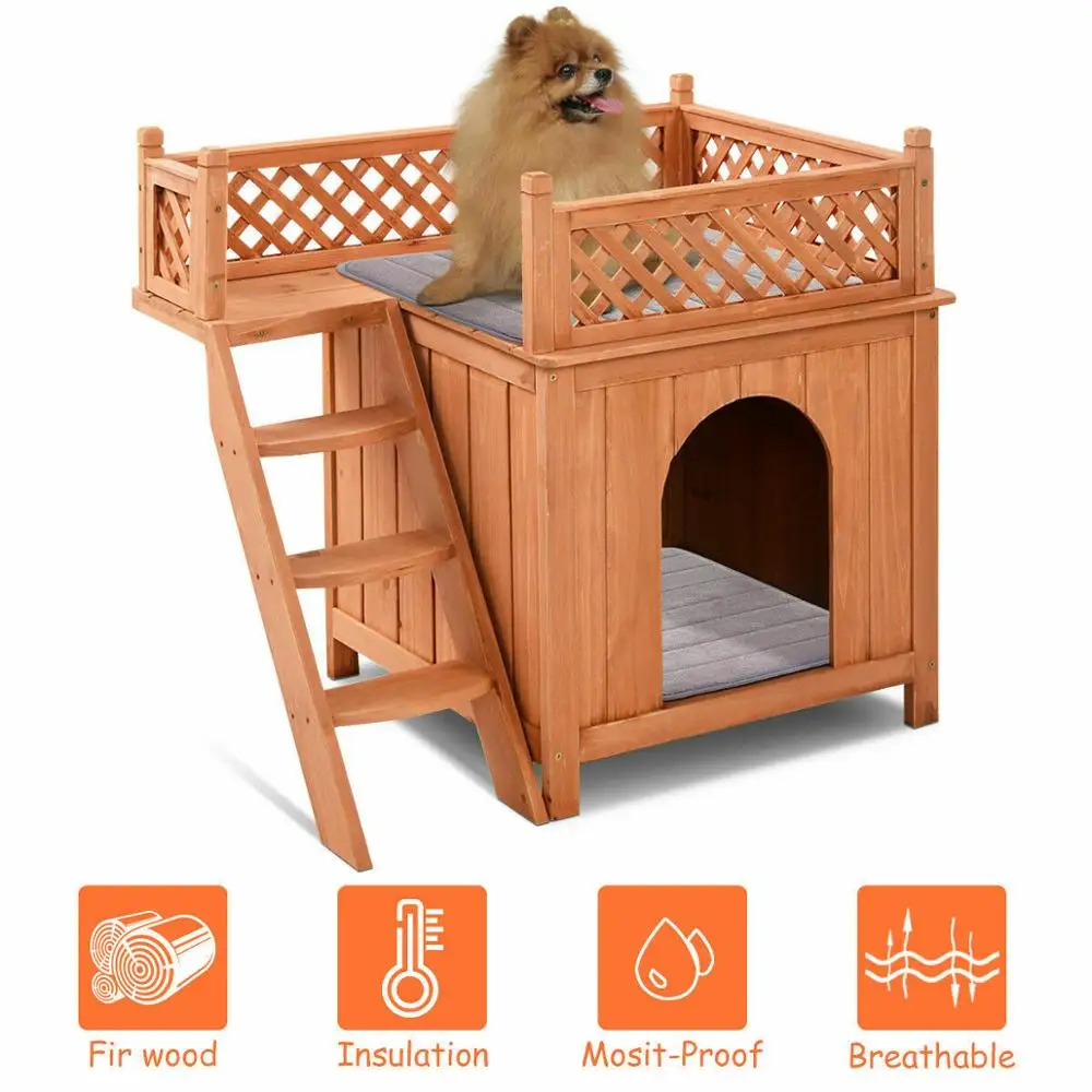Costway Wooden Puppy Pet Dog House Wood Room In/Outdoor Raised Roof Balcony Bed Shelter - Image 4
