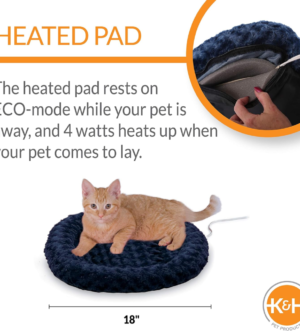 Bolster Heated Cat Bed for Indoor Cats, Thermo-Kitty Fashion Splash Orthopedic Foam Heated Pet Bed for Cats or Dogs, Waterproof Pet Heater, Safety Listed Small 18In round Blue