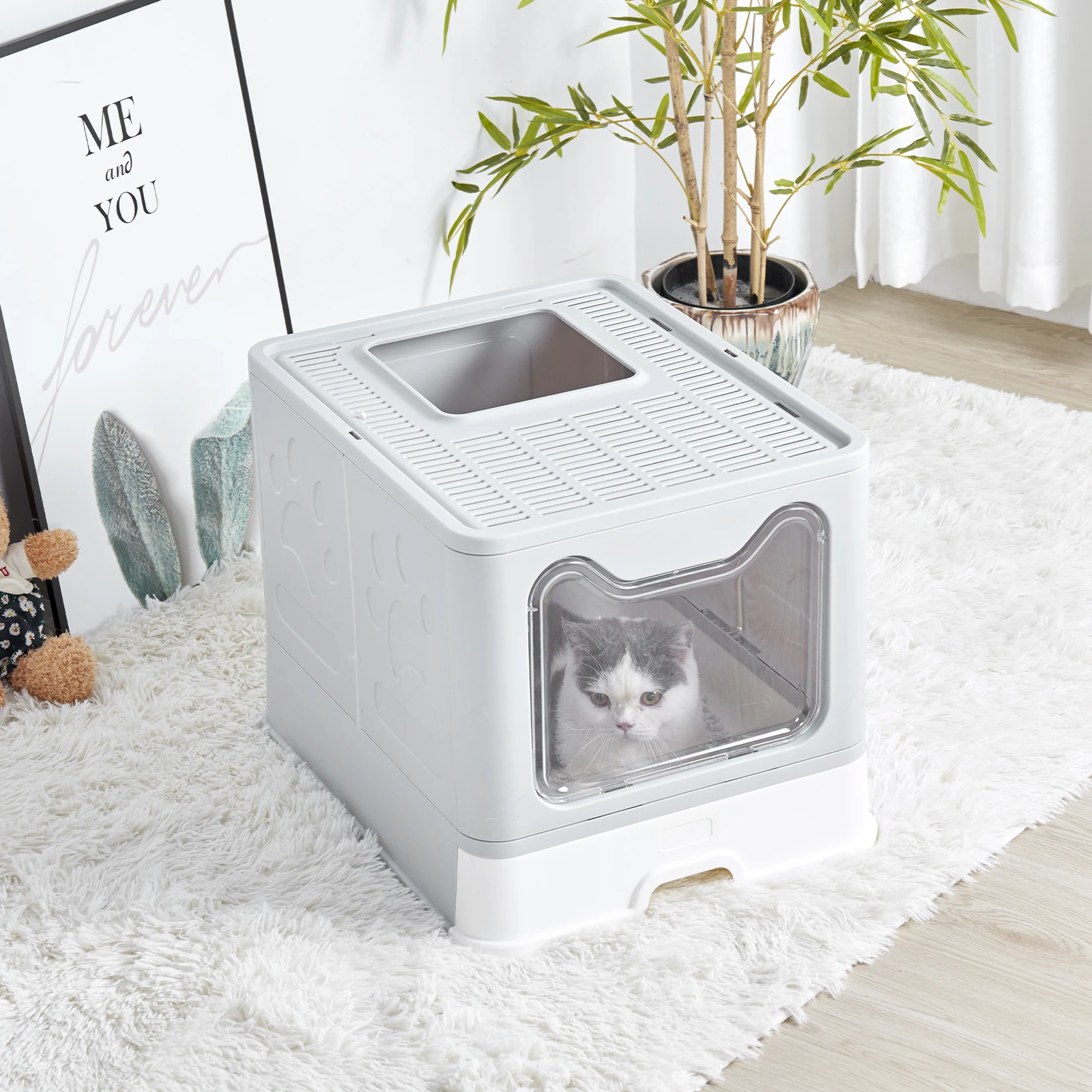XXL Large Space Foldable Cat Litter Box with Front Entry & Top Exit with Tray - Image 4