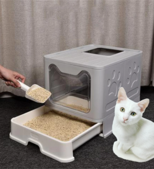 XXL Large Space Foldable Cat Litter Box with Front Entry & Top Exit with Tray