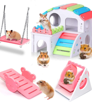 4 Pcs Hamster Toys, Dwarf Hamsters Toys Include Hamster House, Swing, Seesaw Hamster Sport Set DIY Wooden Hamster Cage Accessories for Small Hamsters Mice Gerbils (Pink)