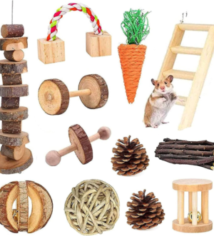 Hamster Chew Toys, Guinea Pig Toys Natural Wooden Pine Rats Chinchillas Toys Accessories Dumbells Exercise Bell Roller Teeth Care Molar Toy for Birds Bunny Rabbits Gerbils (Toy-4)