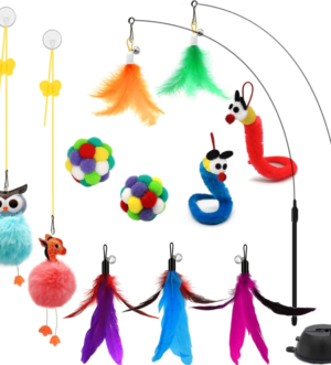 4-In-1 Interactive Cat Toys Set with Suction Cup Wand, Hanging Cat Toys, Fishing Pole Cat Wand & Kitten Balls- Includes Variety Replaceable Worms, Feathers for Indoor Bored Cats for Exercise